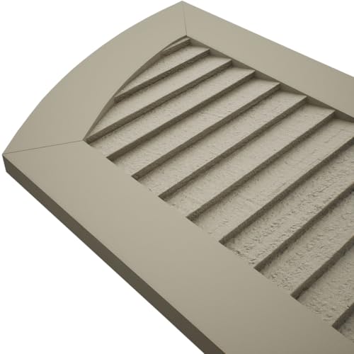 Ekena Millwork 15"W x 62"H (57" Low Side) Timberthane Smooth Two Equal Louver w/Elliptical Top Faux Wood Shutters (Per Pair), Primed Tan by Ekena Millwork - Used condition - Image 3