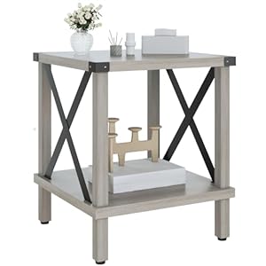 Large End Table Farmhouse Side Table Industrial Style Sofa Table Metal X Wood Accent End Table NightStand with Storage Shelf for Living Room Bedroom Oak Grey MLBZ16Z