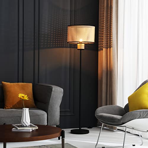 Vidalite Nakuv - Modern Bohemian Floor Lamp With 2 Tier Pvc Rattan Shade And Velvet Stiched Rim For Foyer, Kitchen Living Room, Bedroom #TOP1