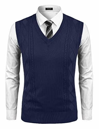 Coofandy Men's V Neck Sweater Vest Knitted Slim Fit Sleeveless Sweater Vest Winter Blue S #TOP9