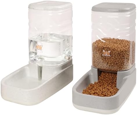 Automatic Cat Feeder, Gravity Food and Water Dispenser Bowl Set for Small Medium Dogs Animals, Pet Feeder Dispenser Storage Food, 3.8L Large Capacity, White & Gray
