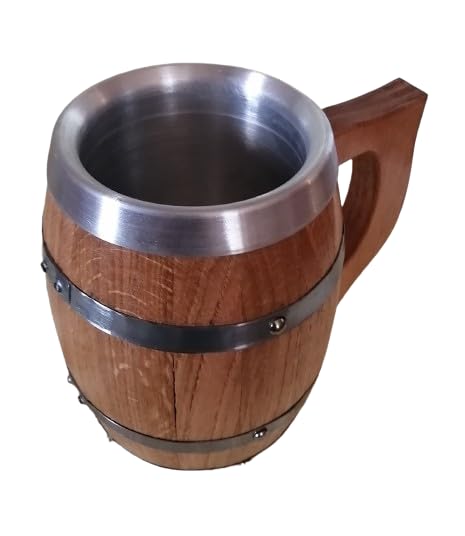 Premium Oak Barrel Mug with Aluminum Lining - Rustic Wooden Beer Mug for Perfectly Chilled Drinks (32 oz (1 liter)), Light Brown