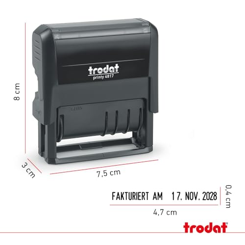 Trodat Printy 4.0 4817 Datumstempel mit Wortband, Deutsch, Schwarz, 12 Office-Texte zum Drehen, Abdruck 47x4 mm, Stempelkissen schwarz, selbstfärbend