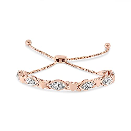 14K Rose Gold Plated .925 Sterling Silver Diamond Accent Alternating Marquise Shape and Heart Links Bolo Bracelet (I-J Color, I3 Clarity) - Adjustable 6" to 9"