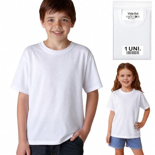 Vida Sol Camiseta Infantil 100% Algodón, Unisex, Manga Corta, Cuello Redondo, 1 Unidad, Suave y Transpirable, Diseño Básico y Cómodo, Ideal para Uso Diario, Tallas 11-12 Años, Blanco, L