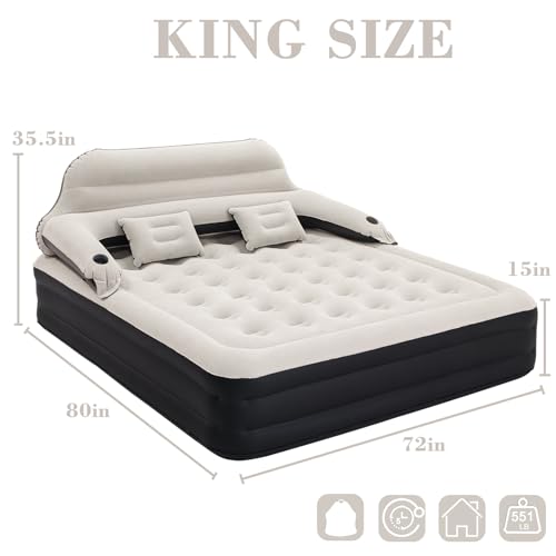 RAPTAVIS Colchão de ar king size cama inflável com bomba e cabeceira, colchão inflável para quarto d
