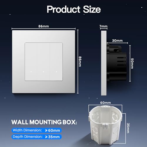 BSEED Wlan Lichtschalter Unterputz mit PC Rahmen, 3 Fach 2 Wege, Smart Taster Schalter kompatibel mit Alexa/Google Home, Intelligente Wandschalter arbeitet mit Smart Life/Tuya, Wei&szlig;-2 Pack