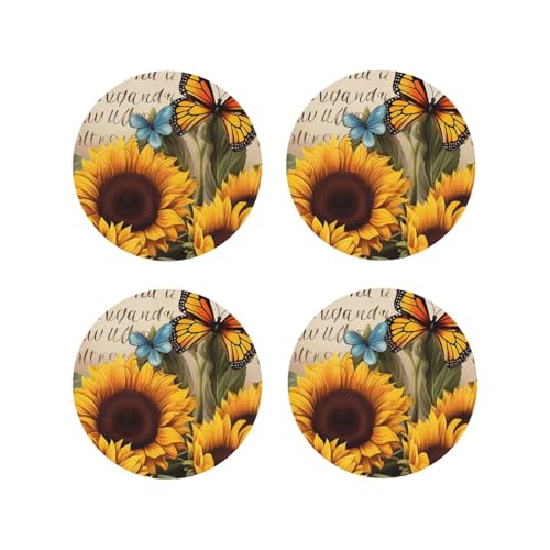 Juego de 4 Posavasos Redondos de Piel, Ligeros, con diseño Vintage de Girasol y Mariposa, Ideales para Bebidas y Bebidas en el Escritorio. Posavasos Anti-Quemaduras para Decorar la Mesa de la ofici