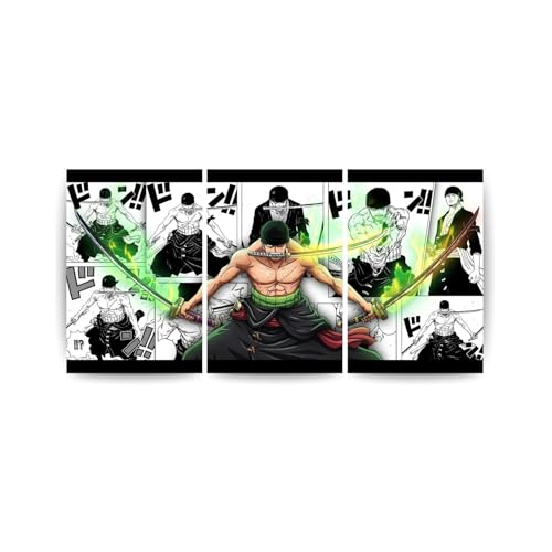 Image of One Piece Anime Manga Poster, One Piece Character Design Wall Poster 3 Panal - A4 Size, 300 GSM, Wall Decor Posters Wall Art For Bedroom, Living room, Office, Dining Room,No Frame (Zoro-6)