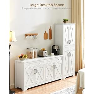 3 Pieces Sideboard and Pantry Set with Storage, White Farmhouse Kitchen Pantry Cabinet with Drawers, Wall Unit Entertainment Center 3 Pieces Sideboard and Pantry Set with Storage White Farmhouse Kitchen Pantry Cabinet with Drawers Wall Unit Entertainment Center
