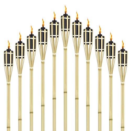 VANCHEMO Lot de 12 torches de jardin en bambou pour jardin - Torches à huile en bambou - Hauteur : 90 cm - Avec mèche - Pour fête de jardin, chemin, arrière-cour, pelouse, décoration extérieure