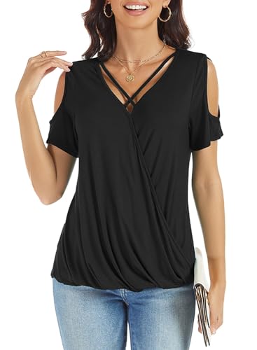 LEIYEE Womens Summer Cold Shoulder Tops Sexy Casual Short Sleeve Wrap V Neck T Shirts Cute Loose Fit Blouse3