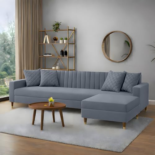 Image of AMATA Elegant 4 Seater L Shape Solid Wood Light Grey Suede Velvet Fabric Sofa Set with Two Cushions Perfect for Home Office Guests Living Room (Elegant Light Grey, L Shape 4 Seater)(3 Year Warranty)