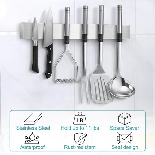 Magnetic Knife Holder for Wall, No Drilling Magnetic Knife Strip Adhesive Knife Holder Magnet Knife Bar, Wall Mount Knife Rack Block Metal Tool Holder for Utensils RV Kitchen Organization, 12 Inch - Thumbnail 6