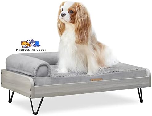 Wooden Dog Bed with Water Resistant Mattress, Small to Medium Elevated Pet Bed With Calming Mattress, Greenguard Gold Certified, Modern Dog Couch, Silver, Asher - TailZzz