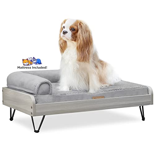Wooden Dog Bed With Water Resistant Mattress, Small To Medium Elevated Pet Bed With Calming Mattress, Greenguard Gold Certified, Modern Dog Couch, Silver, Asher - Tailzzz #TOP24