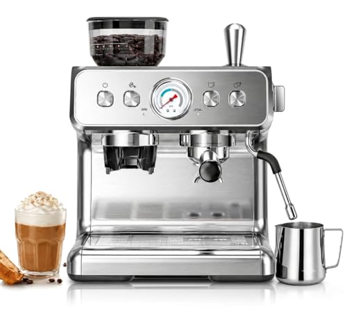 Kismile Espresso Machine with Grinder, 20 Bar Expresso Coffee Machines with Milk Frother, Expresso Machines for Home, Removable Water Tank, Perfect for Cappuccino, Latte