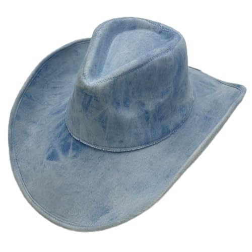 ZCVPAETF Western Cowboy Hat for Women Men Washed Denim Cowgirl Hat with Wide Brim Vintage Sun Hat for Beach Music Festival Light Blue