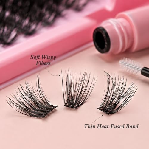 Image of 240 Clusters 80D Volume DIY Segment Lashes - D Curl 10-16mm, Individual Eyelash Extensions Kit with Glue & Tweezer, Natural Fluffy False Eyelashes for Women, Self Adhesive Anime Wink Lashes Bullet Points
