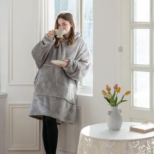 Good Nite Decke mit Ärmeln für Frauen und Männer Sherpa kuscheldecke Tragbare Decken Adult Cosy Sweater Tragbare Warm Decken Übergroßer hoodie mit Taschen Grau (80x85cm)