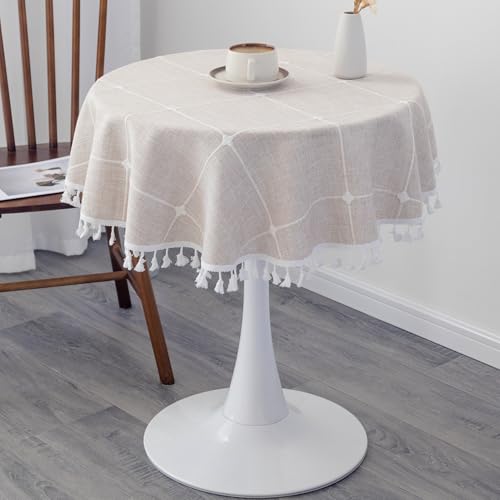 YZKITM Cotton Linen Small Round Tablecloth 36 Inch Boho Wrinkle Free Washable Plaid Table Cover with Tassels Brown Farmhouse Rustic Heavy Weight Table Cloths for Party Dining Room Wedding by YZKITM - Used condition - Image 3
