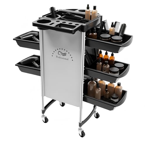 Chariot de coiffeur multifonction avec 5 tiroirs, chariot de salon à 6 étages, chariot de tatouage sur roulettes, pour salon de beauté, coiffeur (blanc cassé, noir)