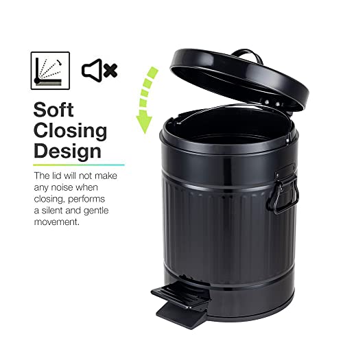 Image of Bathroom Trash Can with Lid, Small Waste Basket for Home Bedroom, Retro Step Garbage Can with Soft Close, Vintage Office Trash Can, 5 Liter / 1.3 Gallon, Glossy Black