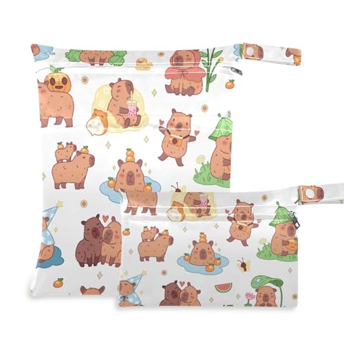 susiyo 2 Pcs Wet Dry Bag Happy Capybaras Waterproof Reusable Baby Cloth Diaper Wet Bags with 2 Zipper Pockets for Breast Pump Parts Travel Beach Pool Gym Yoga Swimsuits Wet Clothes