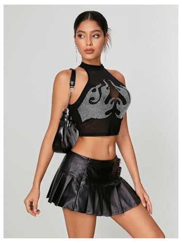 WDIRARA Women's Rhinestone Mesh Crop Top See Through Halterneck Y2k Rave Tank Top4