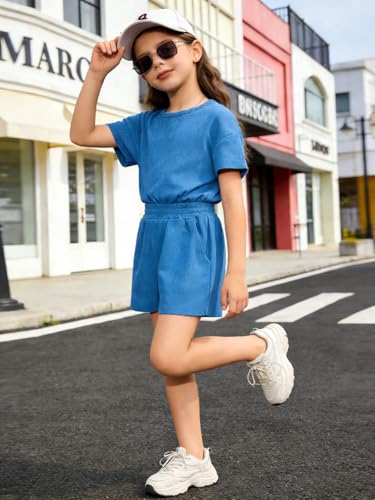 Image of Size 6-12 Years Girl's Tracksuit Sets 2 Piece Outfits Letter Print Vacation Tee Top and Drawstring Waist Shorts