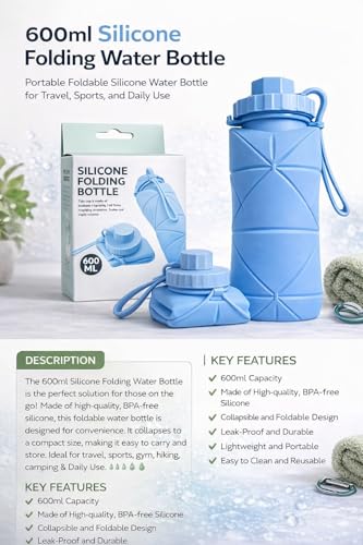 Image of TOPS SPOT 600ml Silicone Folding Water Bottle Leakproof BPA-Free Blue