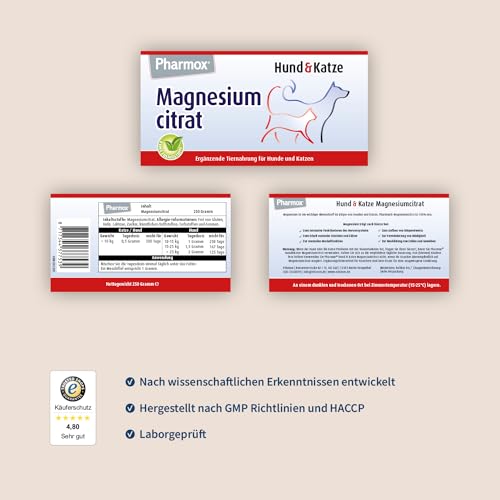 Pharmox Magnesiumcitrat für Hund & Katze 250 Gramm - Hochdosiert - Magnesium - Pulver - Ist gut für die Muskelfunktion - Für den Erhalt starker Knochen