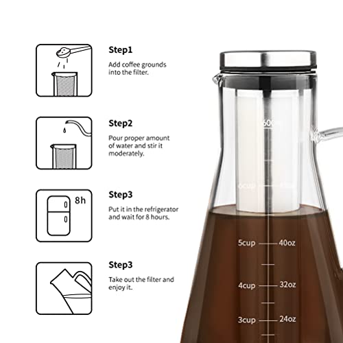 Watchget Cold Brew Coffee Maker, 54Oz Borosilicate Glass Iced Coffee Maker And Tea Infuser With Spout Cold Brew Pitcher With Removable Stainless Steel Fine Mesh Filter, 1.6L #TOP2