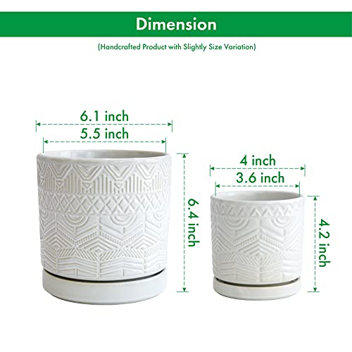 Set Of 2 Modern Matte White Floral Embossed Ceramic Planter Pot With Saucer And Drainage Hole, 4 Inch & 6 Inch, 99-91-Ge #TOP1