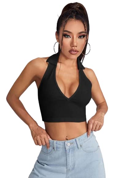 Round Neck Sleeveless Polo Crop Backless Ribbed Top