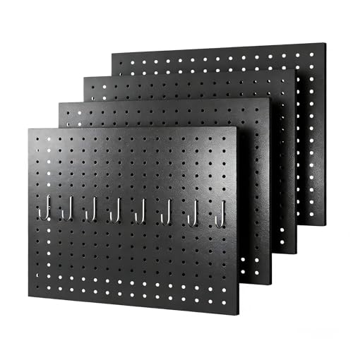 GEDELITE 4-Pack Heavy-Duty Metal Pegboard Organizer Kit - 16x12 Black Steel Wall Control Panels with 8 Hooks for Garage Tools Craft Rooms and Home Office Storage