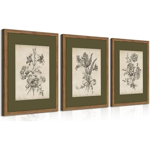 Vintage Floral Wall Art Set of 3, Sketch Sage Green Botanical Canvas Wall Decor Paintings, Retro Minimalist Flower Artwork Posters Prints Pictures for Living Room Bedroom Bathroom 12x16 Inch Framed
