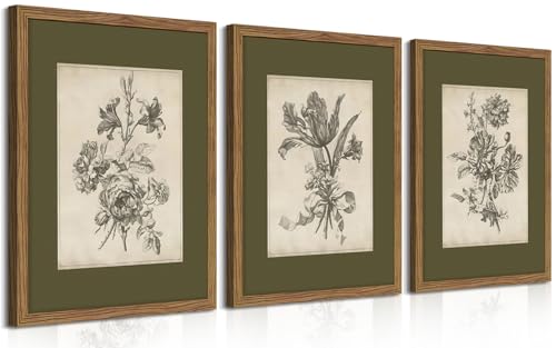Vintage Floral Wall Art Set of 3, Sketch Sage Green Botanical Canvas Wall Decor...