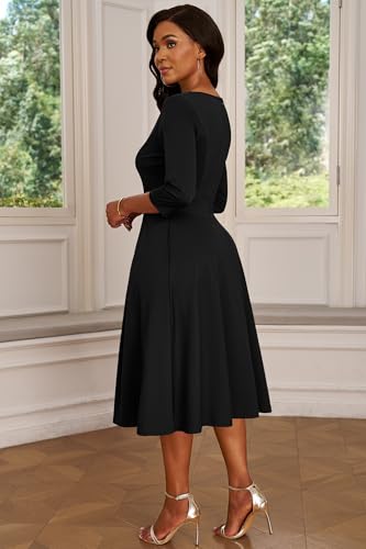 Image of Nmoder Midi Dresses for Women, Semi Formal Fit and Flare 3 /4 Sleeve V Neck Work Dress with Pockets