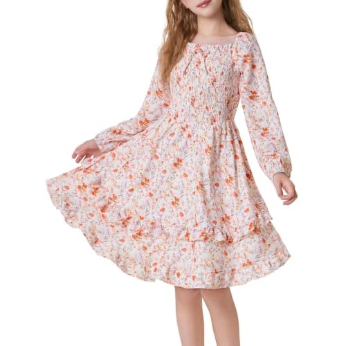 HOZIY Girls Fall Dress Floral Midi Dress with Pockets 6-14 Years