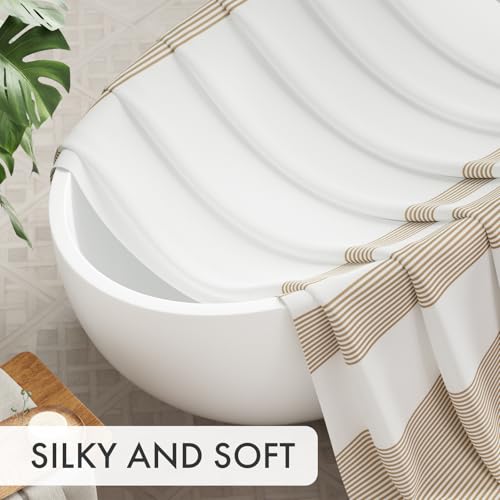 Image of AmazerBath Beige Shower Curtain, 72x72 Washable Cloth Neutral Light Tan Shower Curtain with 12 Hooks, Fabric Khaki and White Striped Set, Farmhouse Bathroom Shower Curtain