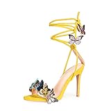 Arqa Yellow Strappy Sandals for Women Butterfly Ankle Wrap Stiletto High Heels Open Toe Suede Lace-up Heeled Sandal Wedding Bride Dressy Pumps