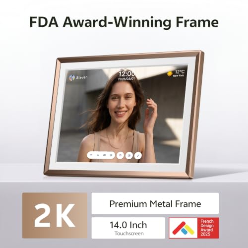 Image of ARZOPA 2K Digital Picture Frame 14 Inch Free Cloud Storage No Subscription QHD Anti-Glare Touchscreen Metal Frame Load Photos Videos from Phone Ideal for Gifting - D14Pro Mocha Brown