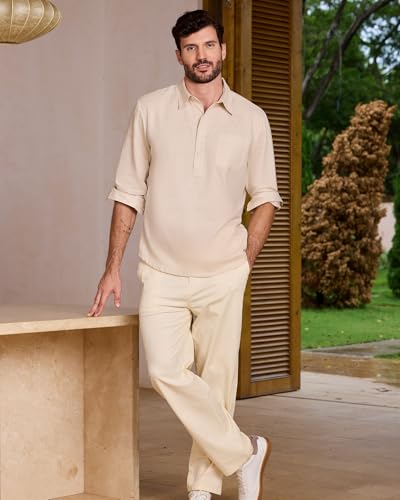 Kallspin Men's Linen Cotton Long Sleeve Shirt Breathable Summer Beach Button Down Shirts with Pocket2