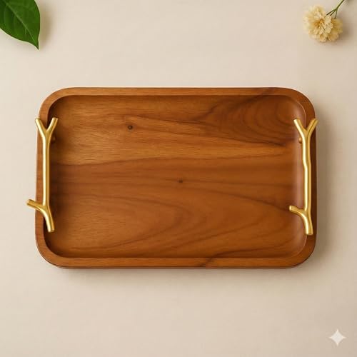 Image of CentraLit Decorative Acacia Wooden Tray for Serving - Dining Table Accessories & Kitchen Organizer Serving Trays - Luxury Wooden Tray| Gold Handles for Home Decoration (Twig Handles)