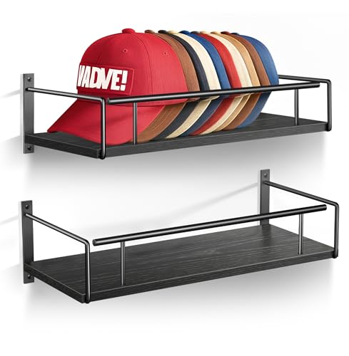 KIMBORA 2 Packs Hat Rack for Wall Hold 20 pcs Caps, Wall Mounted Hat Organizer for Baseball Caps with Wood Shelf, Sturdy Metal Snapback Storage Holder Display for Closet (Black)