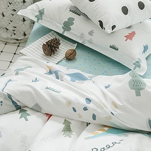 Dinosaur Duvet Cover Queen, 100% Cotton 3 Pieces Queen Dinosaur Bedding Set for Girls Boys, Cartoon Style Dino Print Reversible Queen Duvet Cover Forest, with Zipper Closure, Comfortable Breathable 5 41M2Vb5vvqL. AC