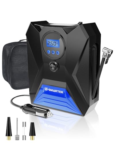 E-SMARTER Car Tyre Inflator Air Compressor, Car Tyre Inflator 12v, Protable Tyre Pump 120W/150 PSI/10.5 Bar with 3 Nozzle Adaptors, LED Light, Suitable for Bicycle, Motorcycle, Ball