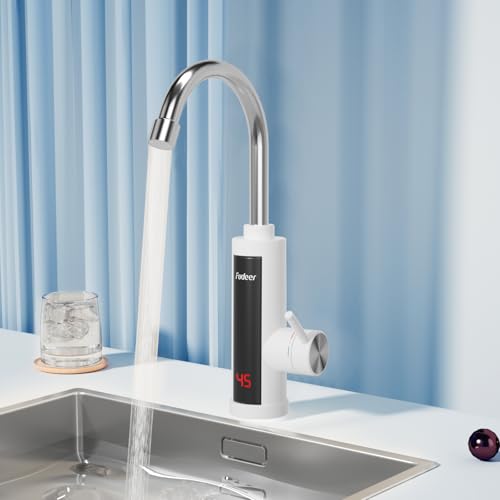 Fudeer 3.3Kw Instant Hot Water Tap,220V ABS Electric Hot Water Faucet for Kitchen, 360 Degree Rotate Warm Water Tap with Digital Display 30-45℃(White)