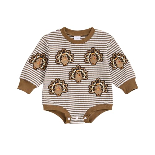 Baby Boy Girl Thanksgiving Outfit Turkey Stripe Long Sleeve Waffle Knit Romper Newborn Bodysuit Fall Winter Clothes